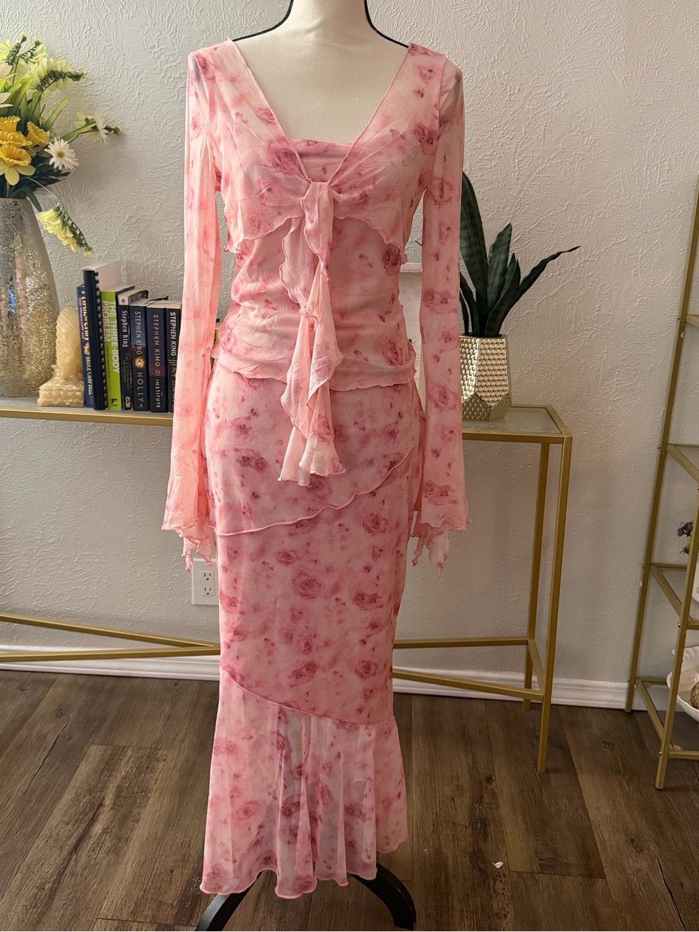 Women’s Pink Mesh Floral Maxi Skirt Dress with Ruffle Tie Front